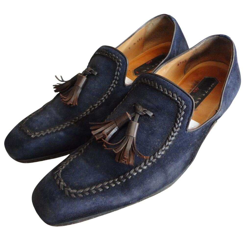 Mezlan Plazza Navy Blue Suede Leather Loafers Tassel Dress Shoes Braided Mens 9